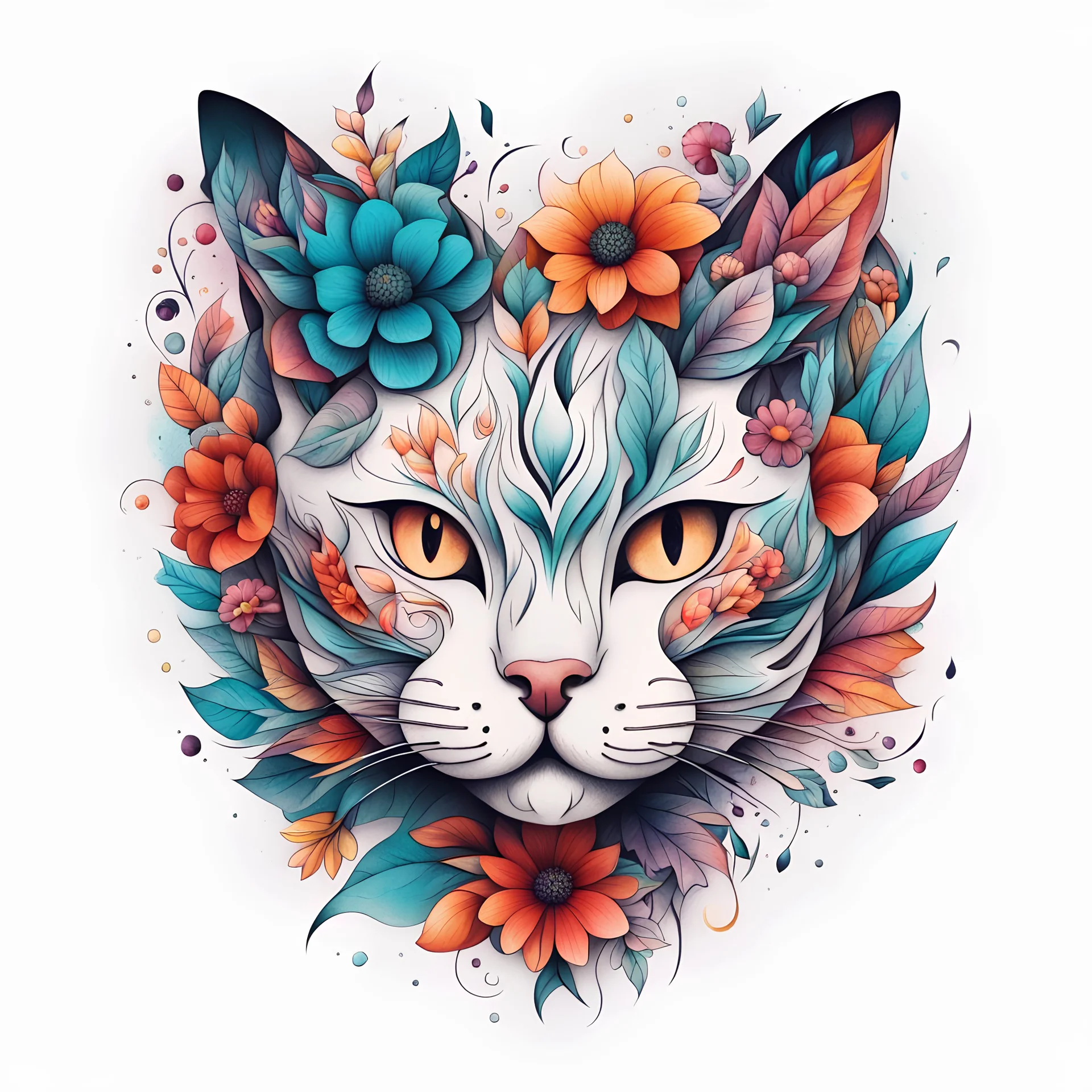 modern abstract tattoo ideas, simple minimalistic illustration on a pure white background < "The head of a tattooed cat. around it are various colorful flowers and leaves in a dynamic image">