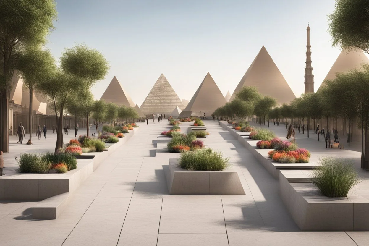 urban design tourist walkway with 3 pyramids , moder street seating , planters , Bazaar