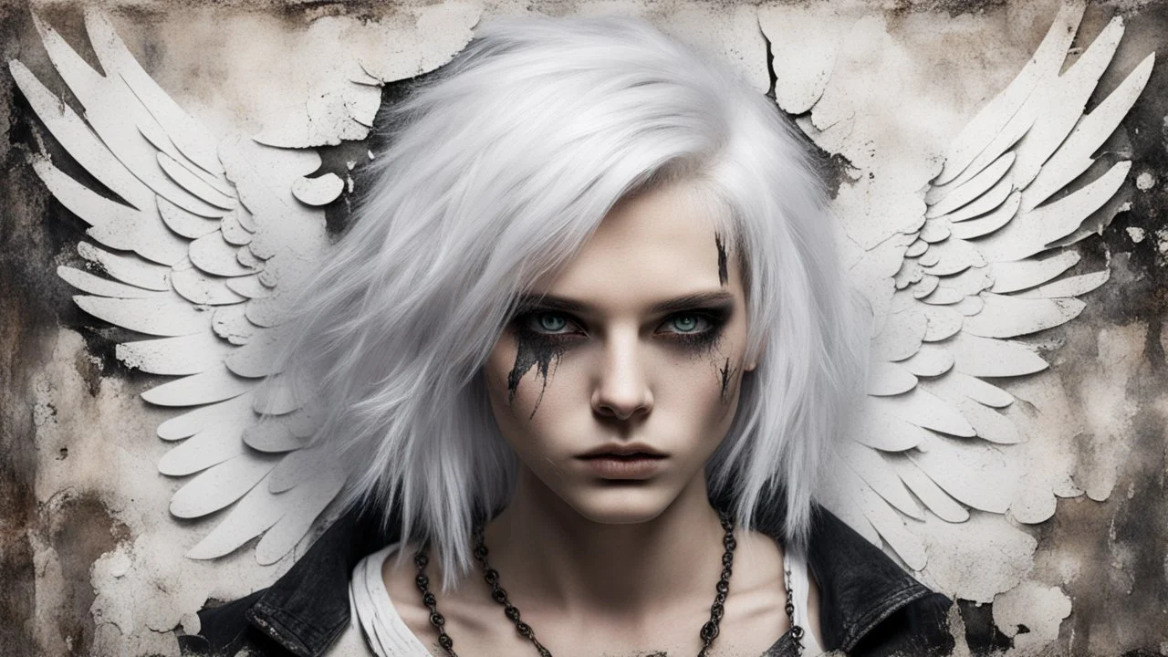 Punk, Angel, portrait, white hair, background old canvas torn cracks, mystical