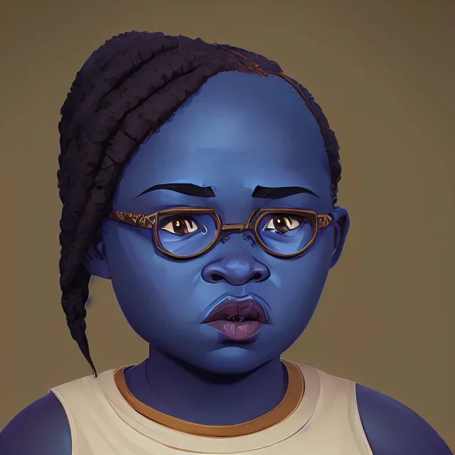 Portrait of a little fat 9 year old African witch with bushy hair and glasses and blue eyes by Nick Harris