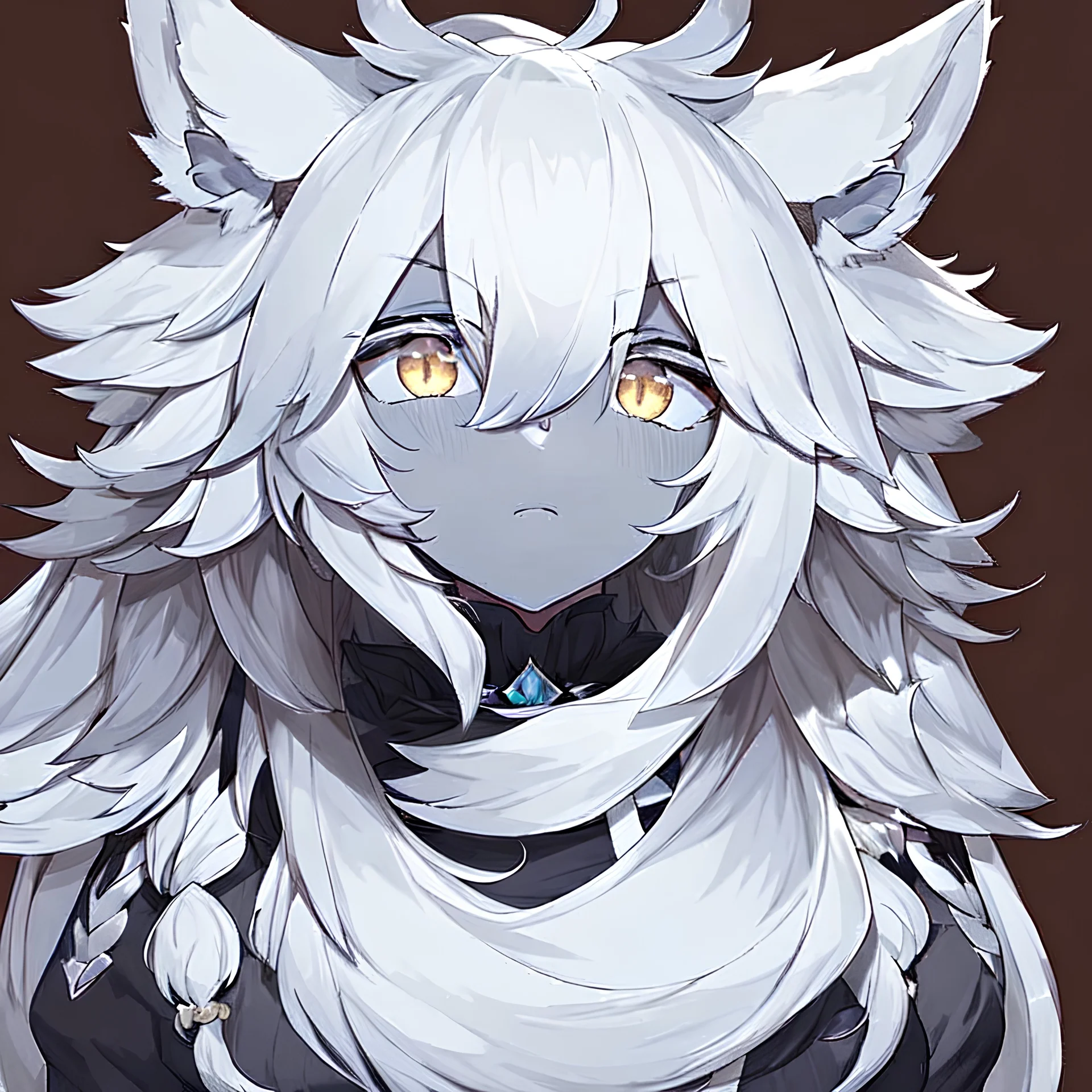 in anime, a female portrait with wolf ears, whiskers, and black-and-white colors.