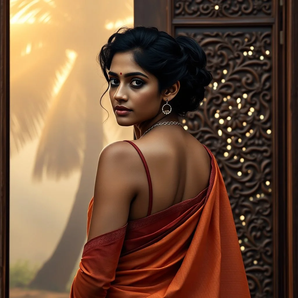 A divine South Asian woman stands in quiet grace, draped in a designer saree of earthy clay tones, evoking the warmth of Bengal soil. Her modern blouse features a deep back cut and minimalist straps, blending tradition with contemporary elegance. Her teary eyes shimmer with emotion, her serene face framed by soft curls and a subtle bindi. Behind her, a carved wooden door with intricate floral and geometric patterns glows in the misty golden light of Diwali. A tall palm tree looms through the fog
