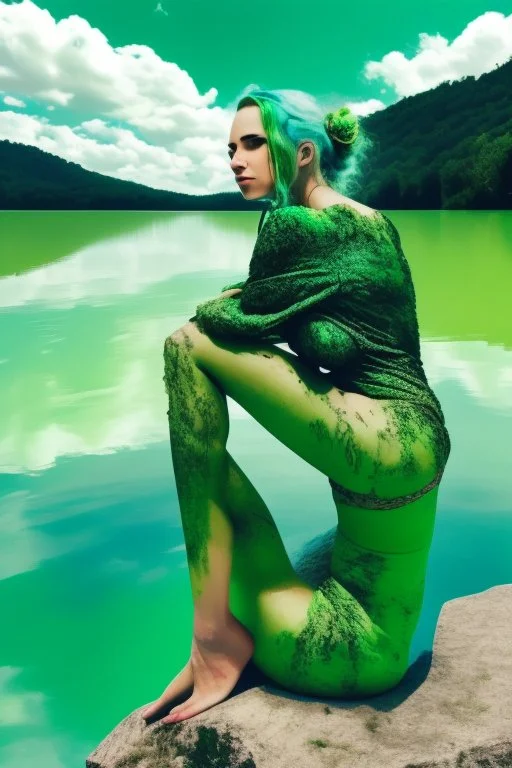 woman sitting on a rock, in a lake, green mottled skin, green hair, blue sky, white clouds