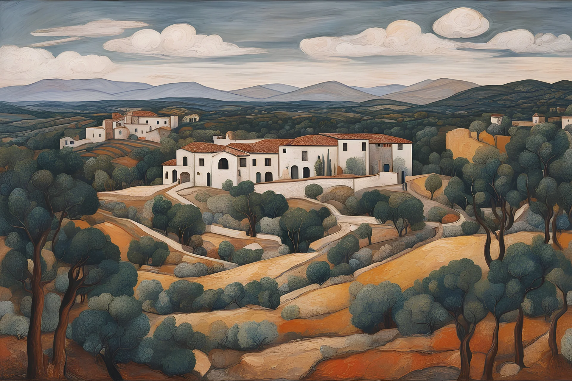 a painting of a placid 16th century Spanish villa set amidst a landscape of ancient olive groves by Jean Dubuffet, rich natural colors, museum quality masterpiece