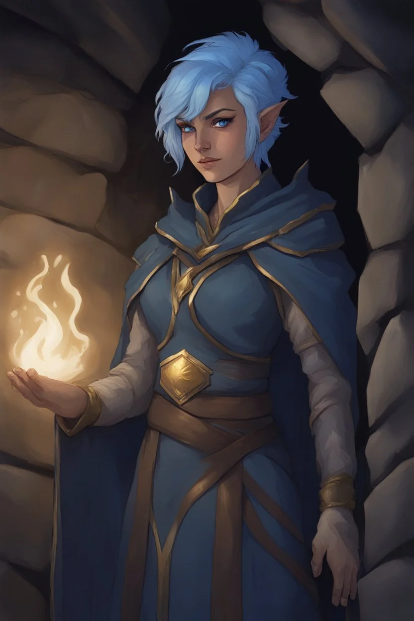 Dnd character in a dark cave. Leaning against a wall. A female Elf twilight cleric with curly, super short, blue hair and golden eyes, wearing gray and dark blue robes. Etheral, muscular, strong.