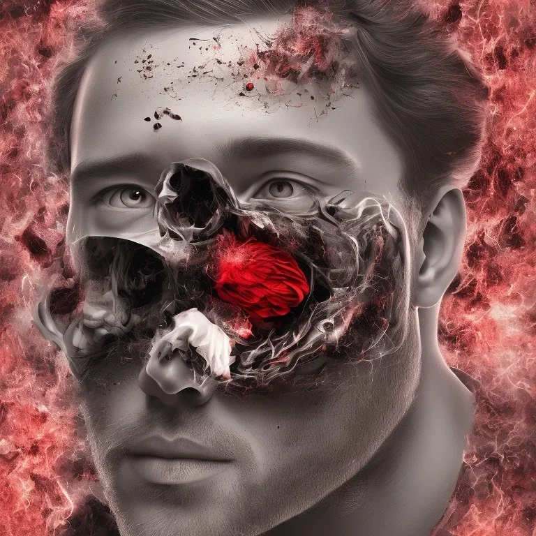 portrait of man with an exploding flower inside his face, high detailed black and white with red accents, digital painting. Seed 315684552