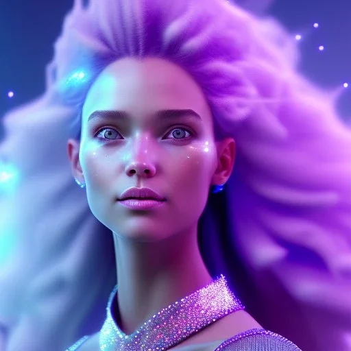 A portrait of a crystalline girl,smiling, longs blond hairs, galactic costume, atmospheric, realistic, cinematic lighting, octane render, purple and blue sky, nebula, stars, planets