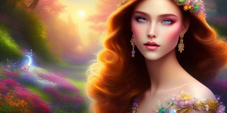 bright fairy, beautiful portrait, flowery landscape