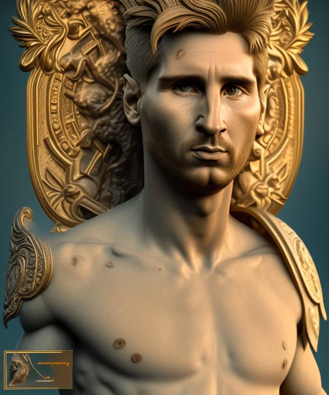 Realistic image, classic sculpture, marble material, Lionel Messi with Laurel wreath model, miguel angel style, God light, god rays, 4k resolution, perfect details, ornate details, soft lighting, unreal engine 5, soft cyan background.