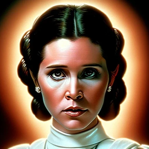 stunning half-body-portrait photo of princess leia from Star Wars played by Carrie Fisher, wlop, artgerm, akihiko yoshida, and liang xing, detailed face, doe eyes, intricate braided hair style, symmetrical eyes, trending on artstation, highly detailed, white dress, dynamic pose, intricate outfit, space ship and galaxy background