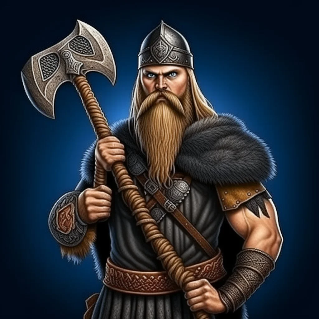 Realistic Pagan Viking Warrior with an Axe, Swedish flag and ravens