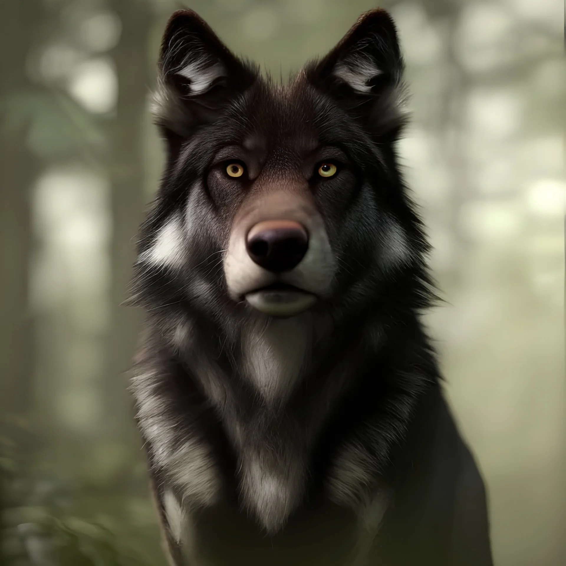 in Forest award winning portrait of a maleunreal 5, octane render, cinema4d, dynamic lighting, dramatic lighting, 4k, redshift render, highly detailed, hyper realistic,anthropomorphic black wolf long