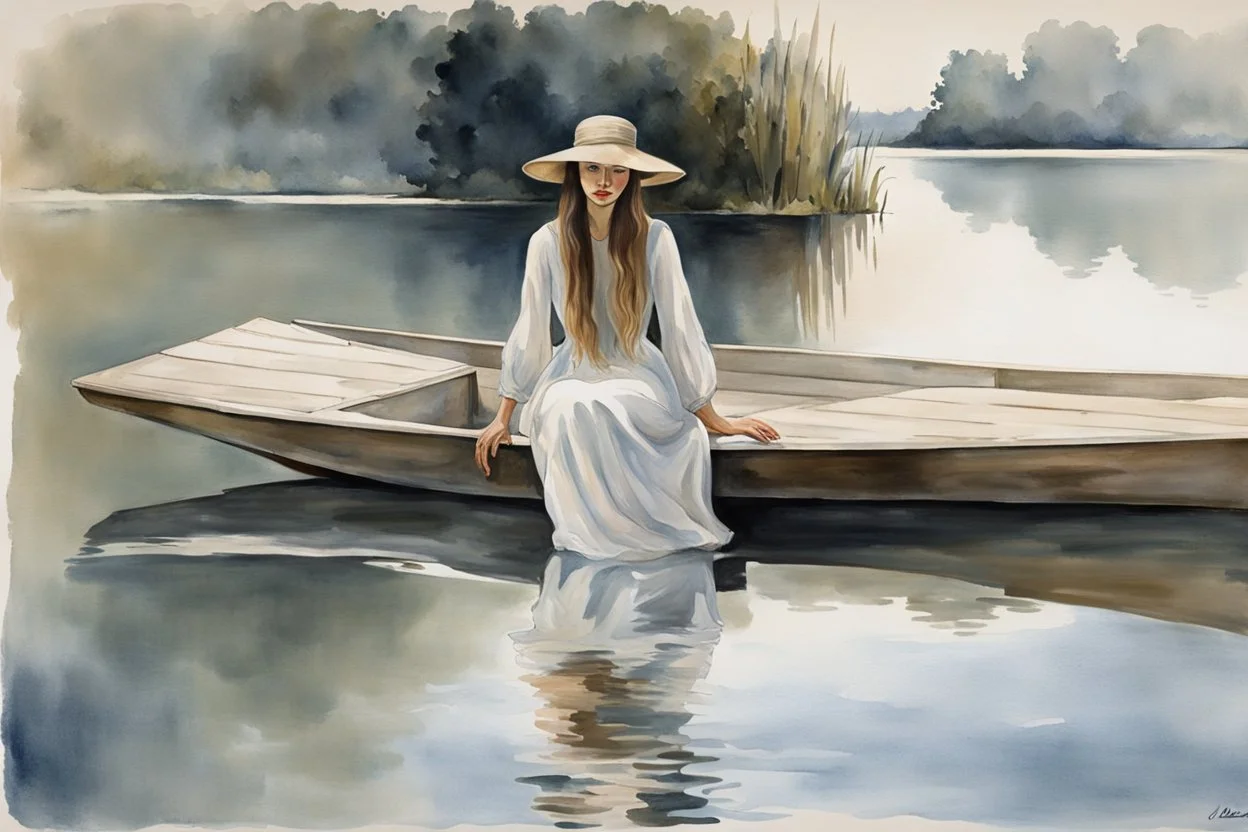 A long hair nice woman in a long vintage dress and hat sitting on the edge of a lake dock looking into the water, her reflection in the water, pale colors, black and white colors, peaceful mood, minimalist background, watercolor, style by Waterhouse, Cezanne, Jian Wu, Claude Monet, Christine Misencik-Bunn