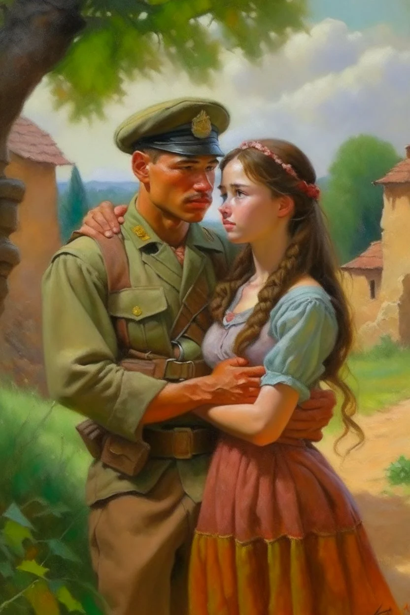 Oil painting of a soldier who fell in love with a very beautiful village girl