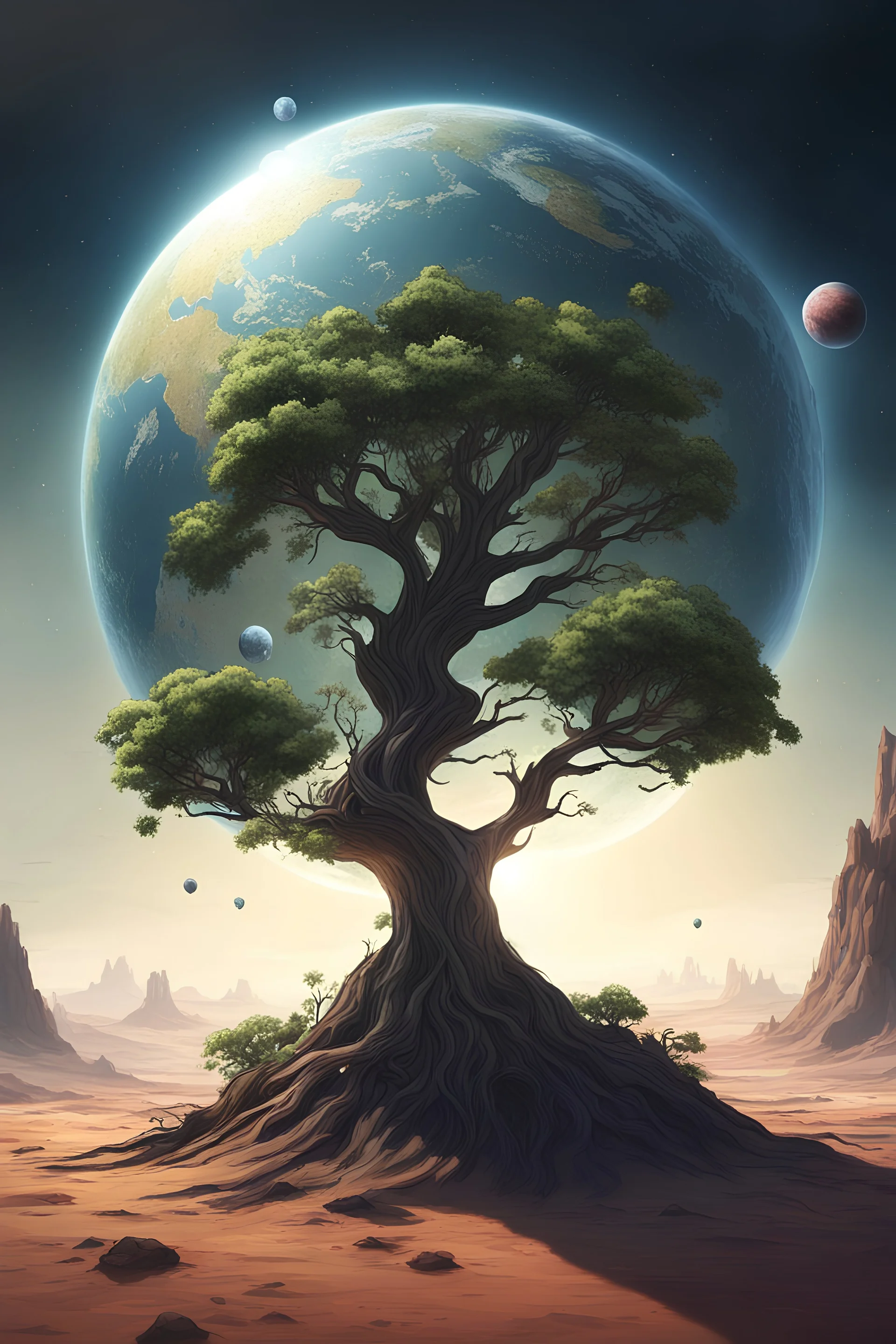 picture of an planet where a world-tree grows out of an continent. concept art