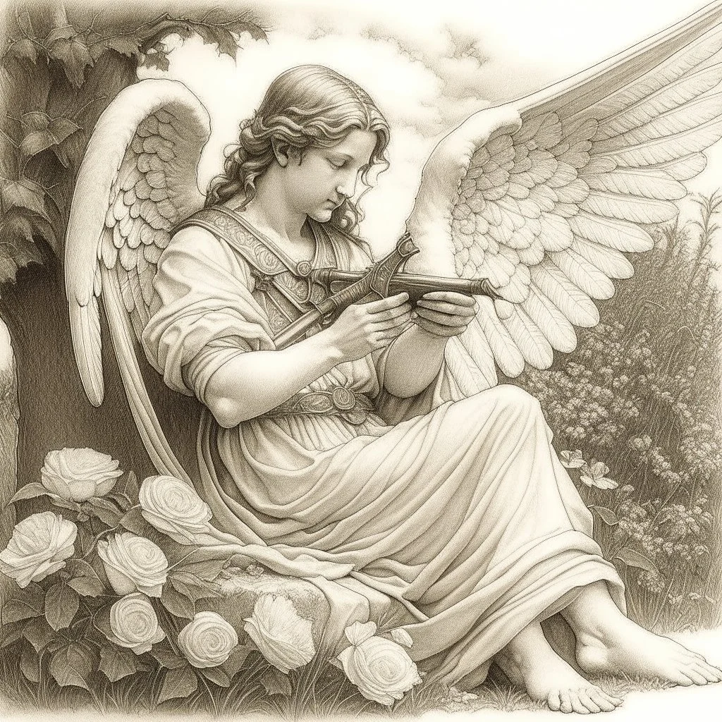 renaissance style angel, sitting in a garden, inspecting a handgun, pencil sketch, beautiful