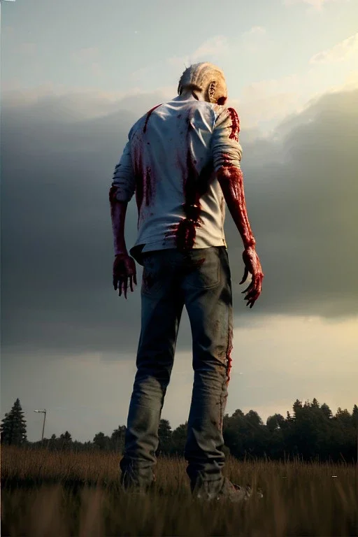 Ultra realistic image, joe biden zombie, zombie performance, blood, torn arm, night, walking twisted, waist up view, walking dead style, dark ambient, highly detailed, sky background, concept art, unreal engine 5, god rays, ray tracing, RTX, lumen lighting, ultra detail, volumetric lighting, 3d, finely drawn, high definition, high resolution.