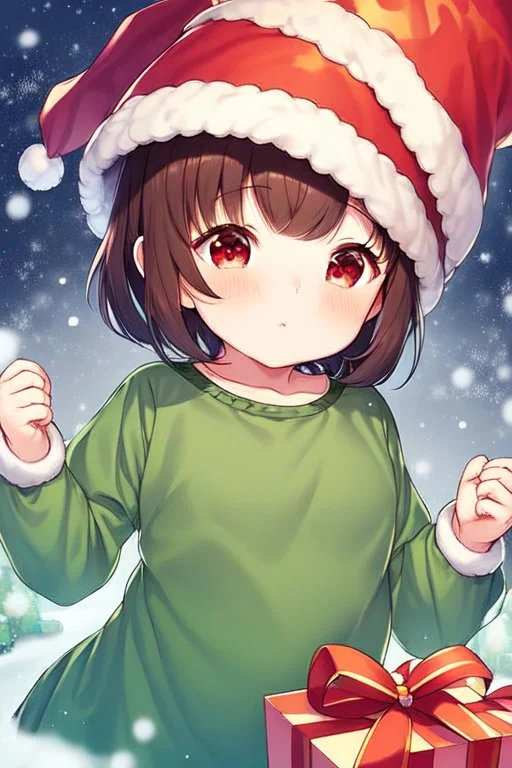 Anime style, Child girl, short brown hair, has red eyes, He has pink dots on his cheeks, wears a green shirt horizontally striped with yellow, He's in a snow-covered place, he's wearing a standard red Christmas hat,