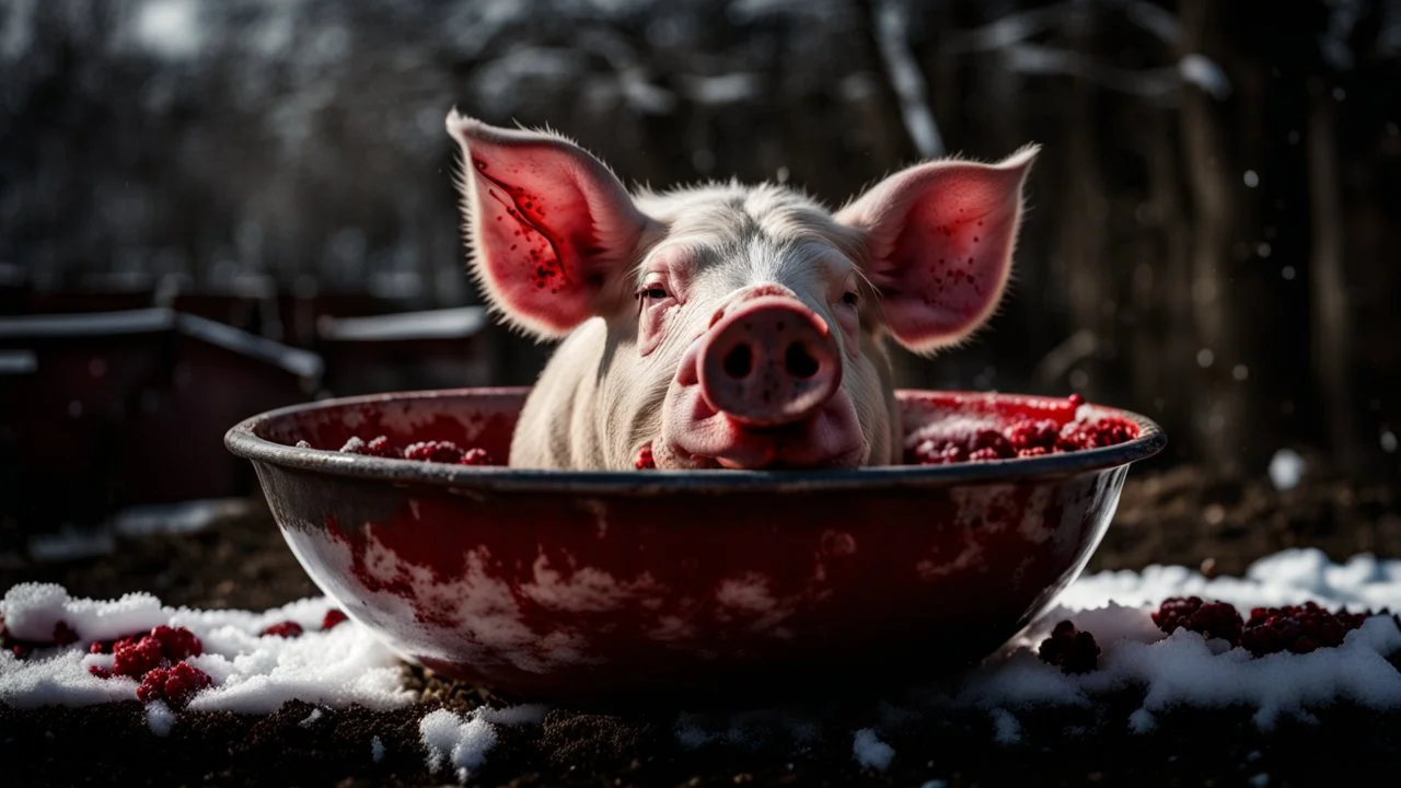 blood and a pig's head in blood in a large enameled bowl in the yard on the snow old, rural environment, winter, low light, dramatic atmosphere, high detailed, sharp focus, high realistic, perfect photo