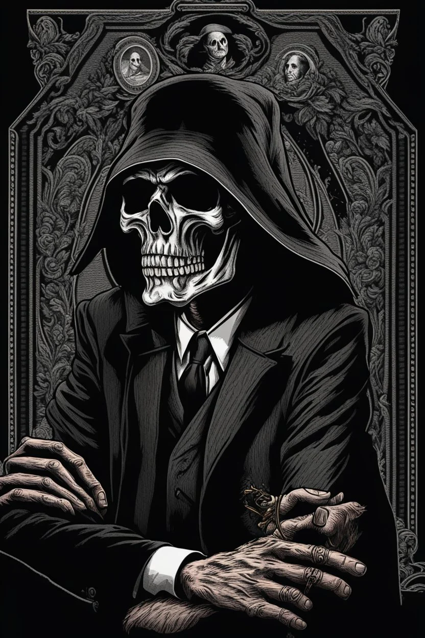 ultra high image quality, Grim Reaper, WEARING A 3 PIECE SUIT, POSED FOR DOLLAR BILL PORTRAIT, LINE TONE, WSJ STYLE, HEDCUT, Close-up of an set against AMOLED-worthy pure black backdrop, fantasy art style infused with filter, tailored for vertical wallpaper, exclusive design with no duplicates, radiating beauty suitable for a PC screen image, vivid colors, ultra fine, digital painting.