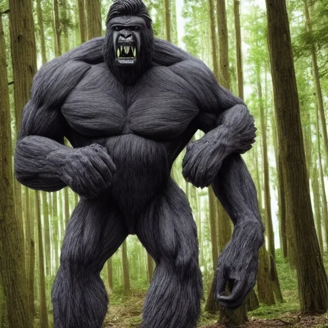 huge giant human hybrid bigfoot, grey black, destroying a tree in forest, angry, big muscles, big teeth, eating deer