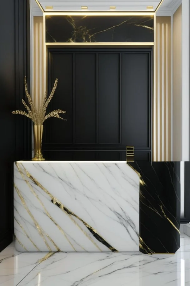 Black reception desk with white marble wall veined with gold