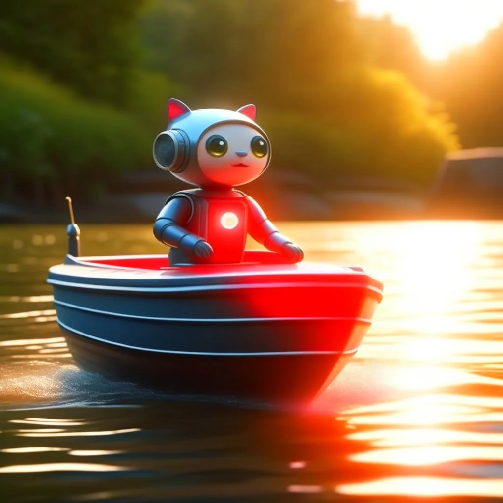 cute blessed chat robot sailing on a boat motor in the river,catching a big fish in a river stream, 8k, downlight, soft light, depth of field, photorealism, trending on art station, lotsa detail