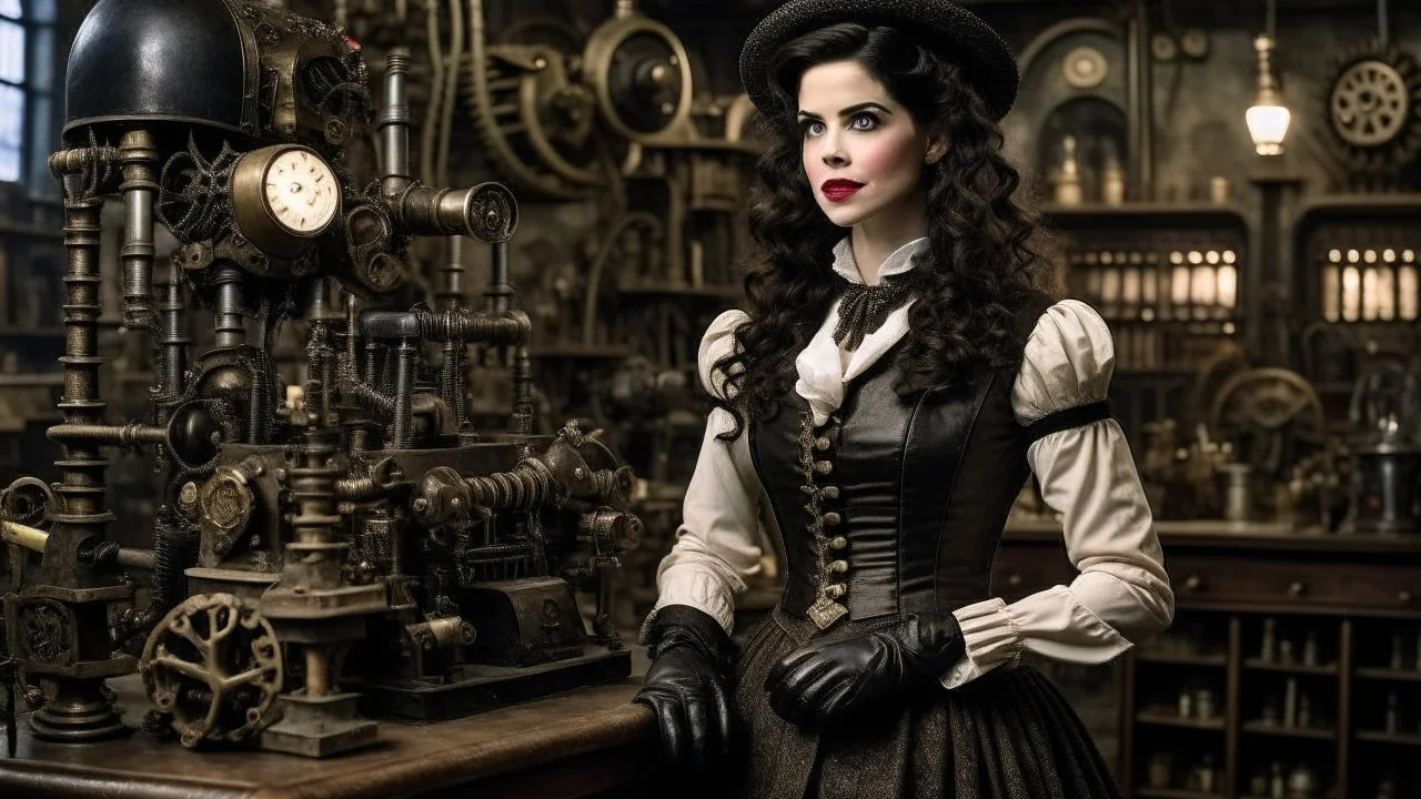 pale-faced woman with dark wavy shoulder-length hair, with detailed steampunk metal arms and legs, dressed like a Victorian, in a laboratory full of small machines