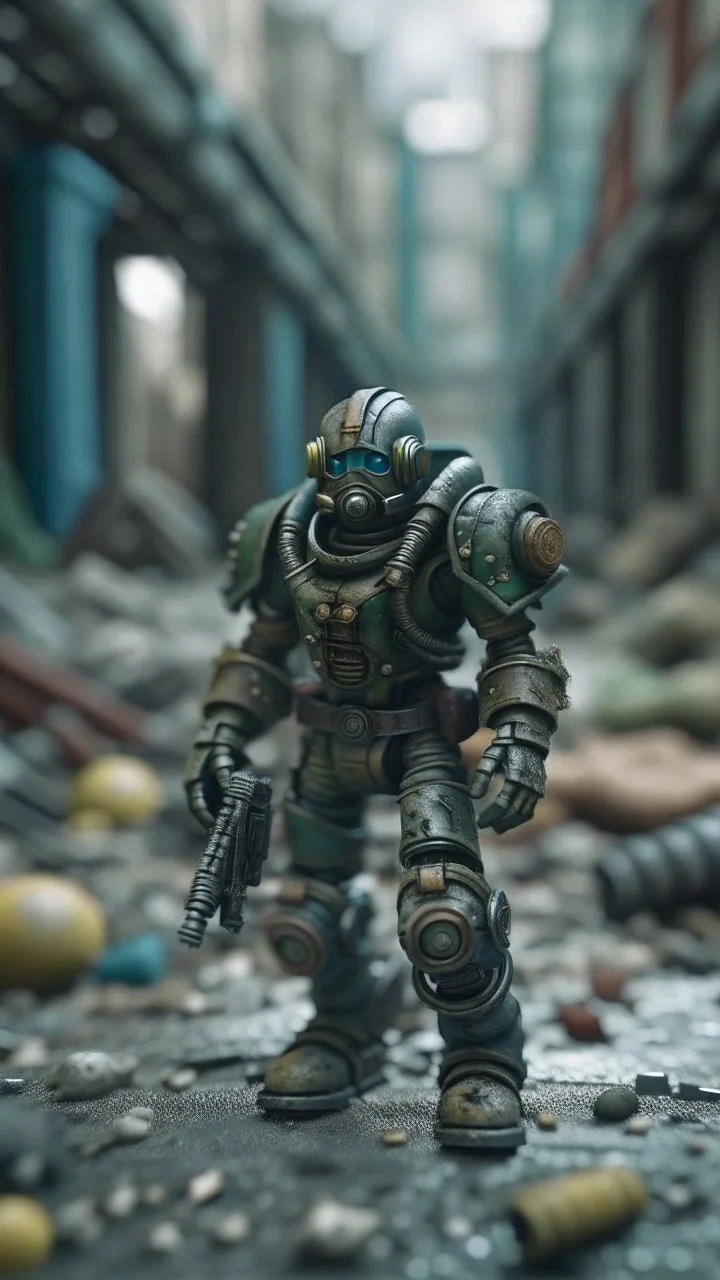 fallout 4, insulated armor, spacesuit, lots of small details, sci-fi movie style, on a ruined city street, overcast, photography, bokeh like f/0.8, tilt-shift lens 8k, high detail, smooth render, down-light, unreal engine