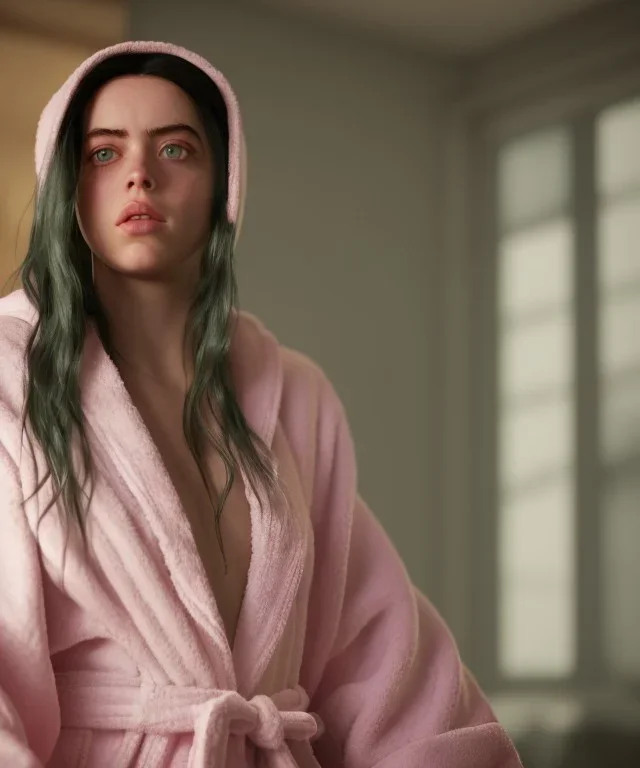 Billie Eilish, bathrobe, stockings, high detail, realistic, 8k, not to be distinguished from a photo, identical pupils