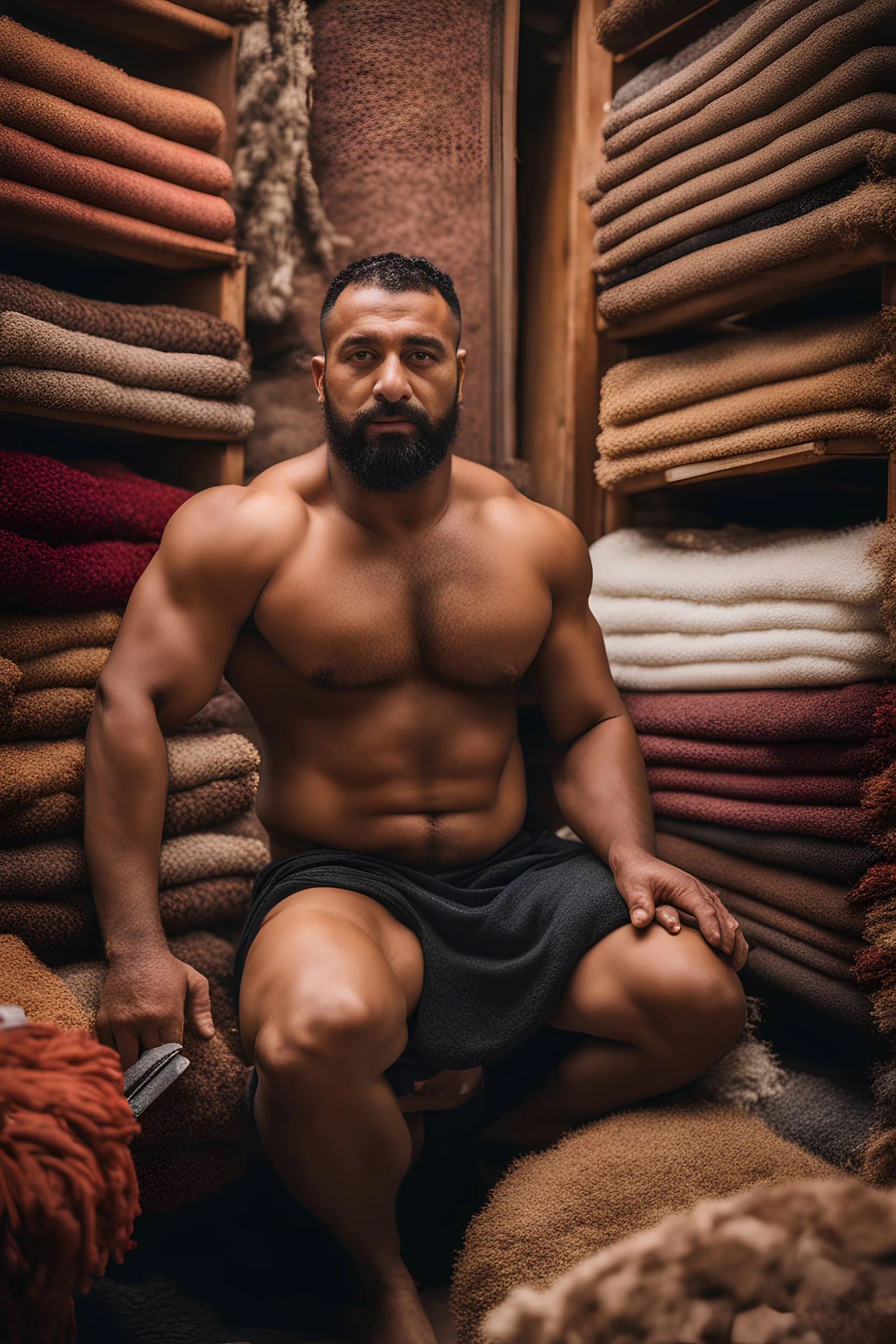 close up photography of a burly beefy muscular strong 34-year-old marocan man in Istanbul bazaar, shirtless, selling carpets sitting on a pile of carpets, biig shoulders, manly chest, very hairy, side light, view from the ground