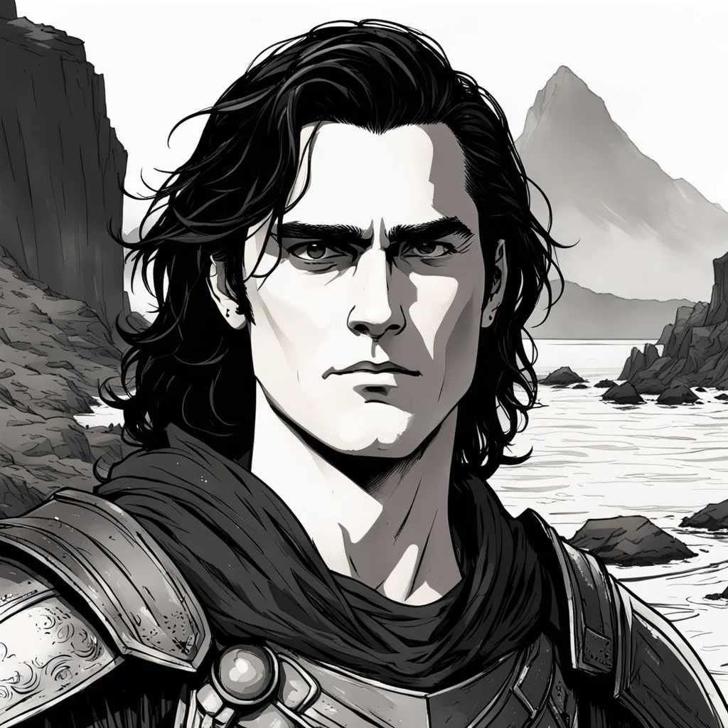 A portrait of Joaquin Phoenix in his early 30s, long beachy haircut, black hair, on a rocky island, in ebony armor from Skyrim, melancholic and dangerous facial expression, half-smiling, drawn in the style of ink manga sketch