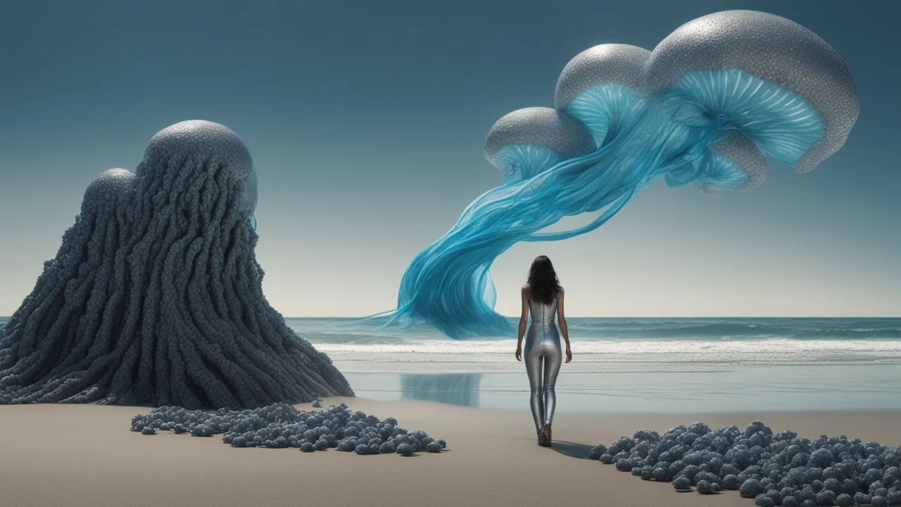 Wide-angle shot of a woman, standing to one side on a beach with huge waves, with dark hair in a silver robotic catsuit, many large blue jellyfish shaped like mushrooms with tentacles floating high up in the air, masterpiece, best quality, super detailed