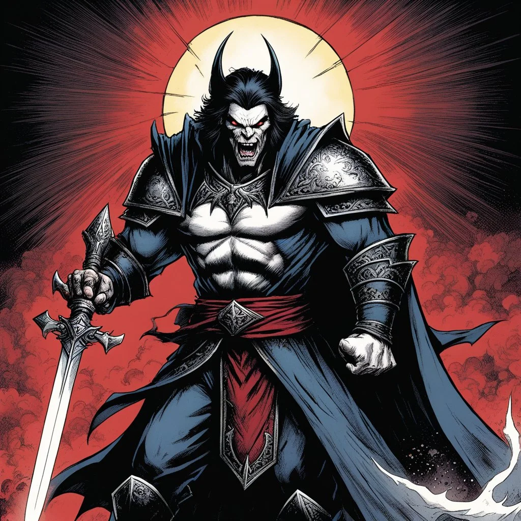 [illustration by Kevin Eastman and Peter Laird] The vampire lord's eyes flash with anger at your words, a low growl rumbling in his throat. He lunges forward, his movements blindingly fast, but you're ready. Your broadsword flashes out, the blessed blade leaving a trail of holy light in its wake.