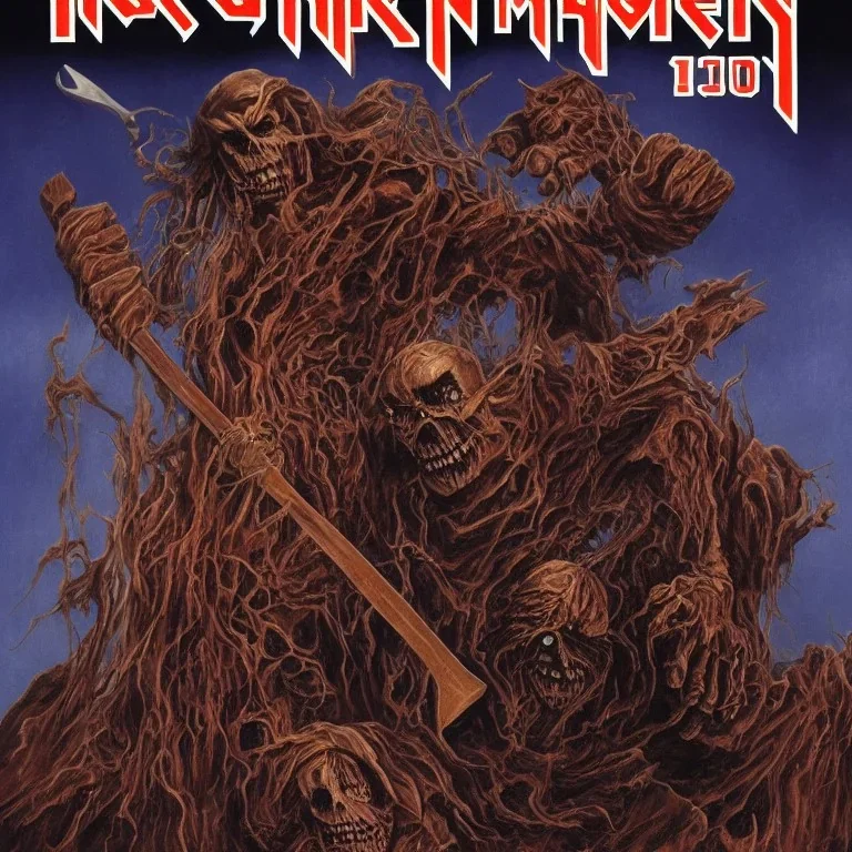 in the style of Iron maiden cover art, 2 minutes to midnight, eddie holding an axe,