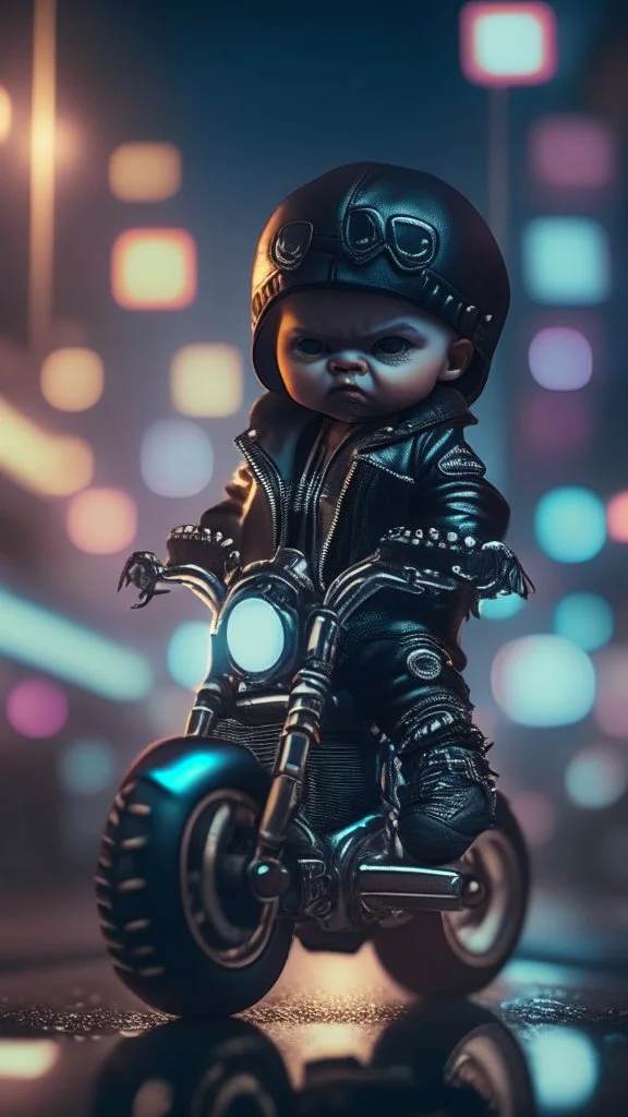 A Sharp Kawaii tiny hyper realistic humanoid baby peakyblinder riding mini harley davidson, wearing bikers clothes with freestyle action, night of cyberpunk city background. wide angle full body, 8k, Cinematography, photorealistic,epic composition Unreal Engine,Cinematic, Color Grading, Portrait Photography,Ultra-Wide Angle, Depth of Field, hyper detailed