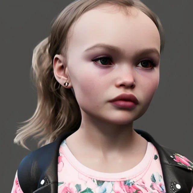 Lily rose depp toddler, full body, floral leather jacket, dynamic pose, tokio background, dramatic lighting, hyper realistic, unreal engine, 8k, upscale