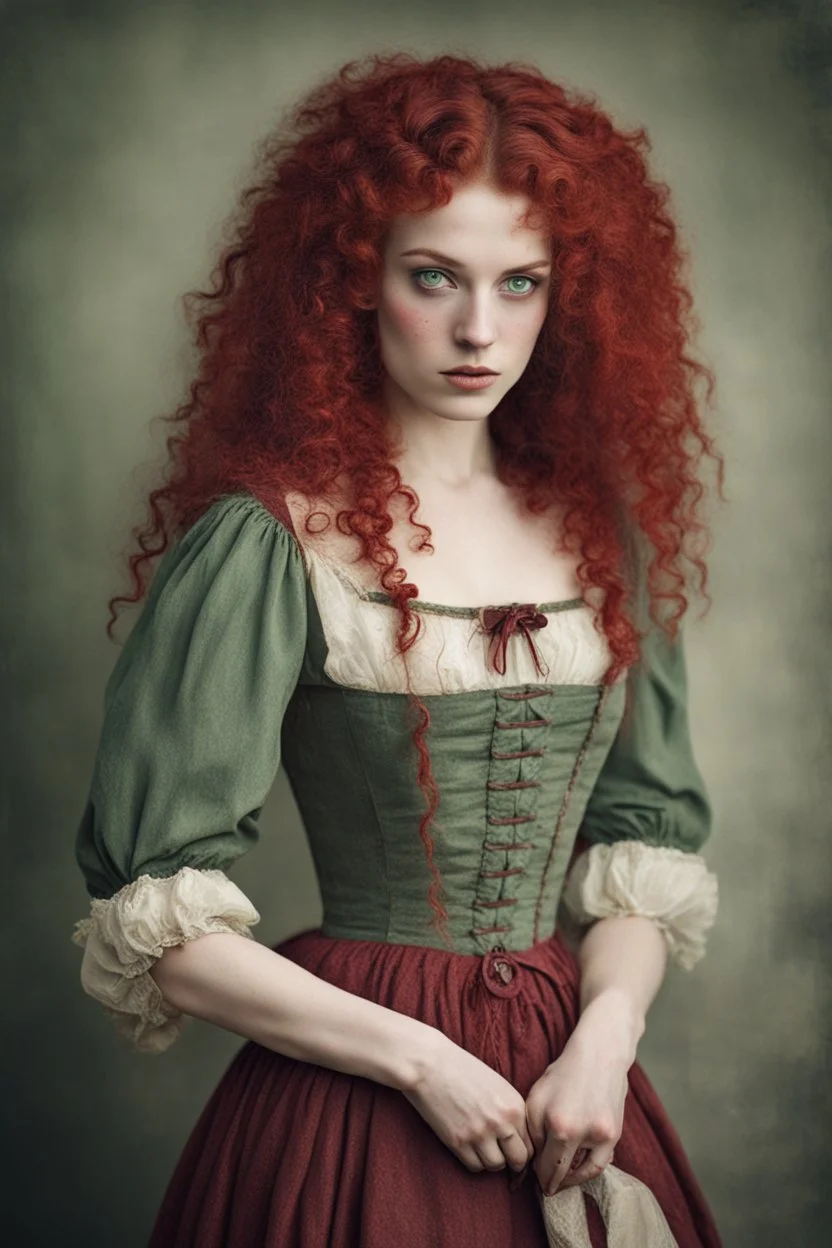 young woman with green eyes, bloody red and curly hair. Dressed in a simple 19th century tabern dress