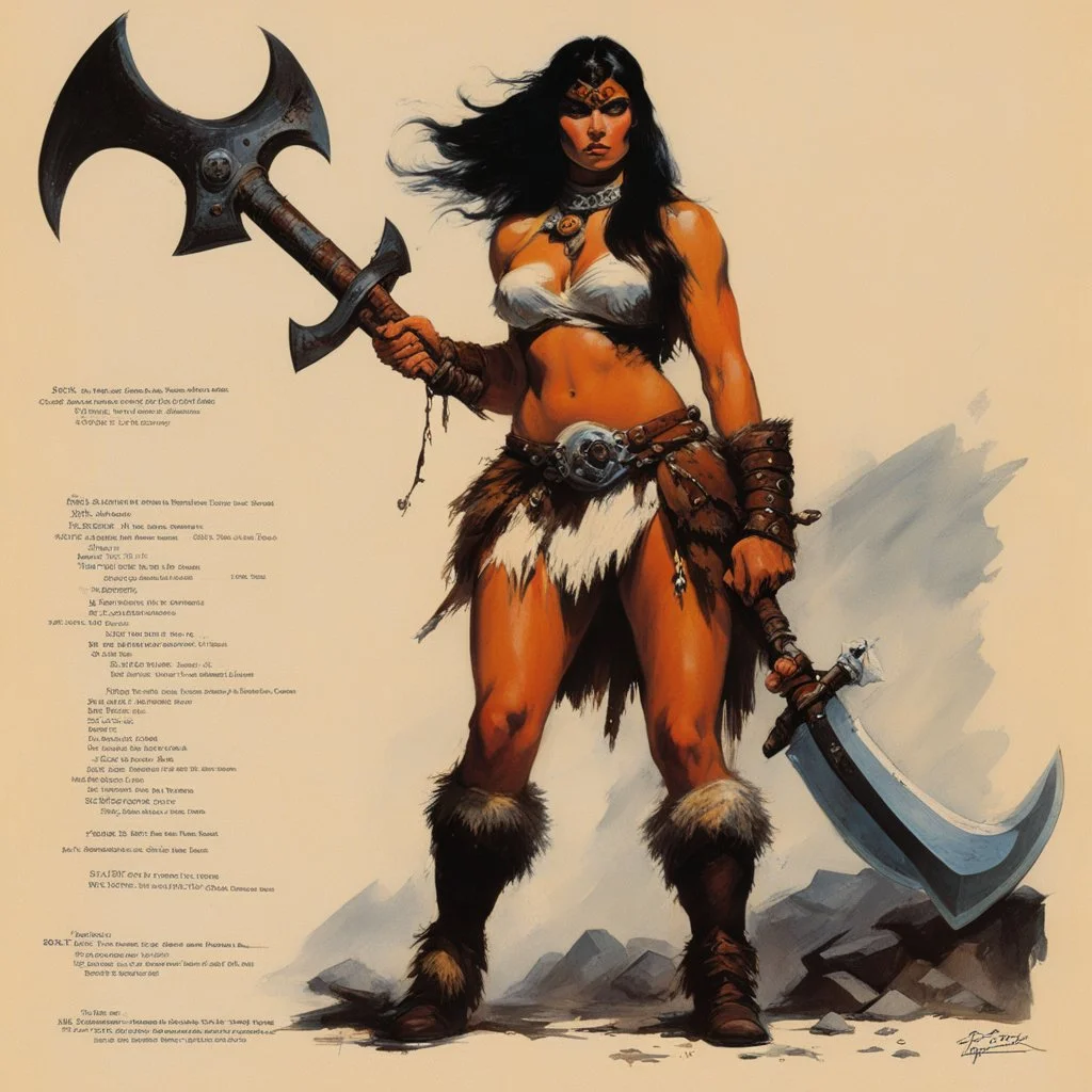 ConceptSheet: barbarian and her axe with AD&D statistics [by frank frazetta]