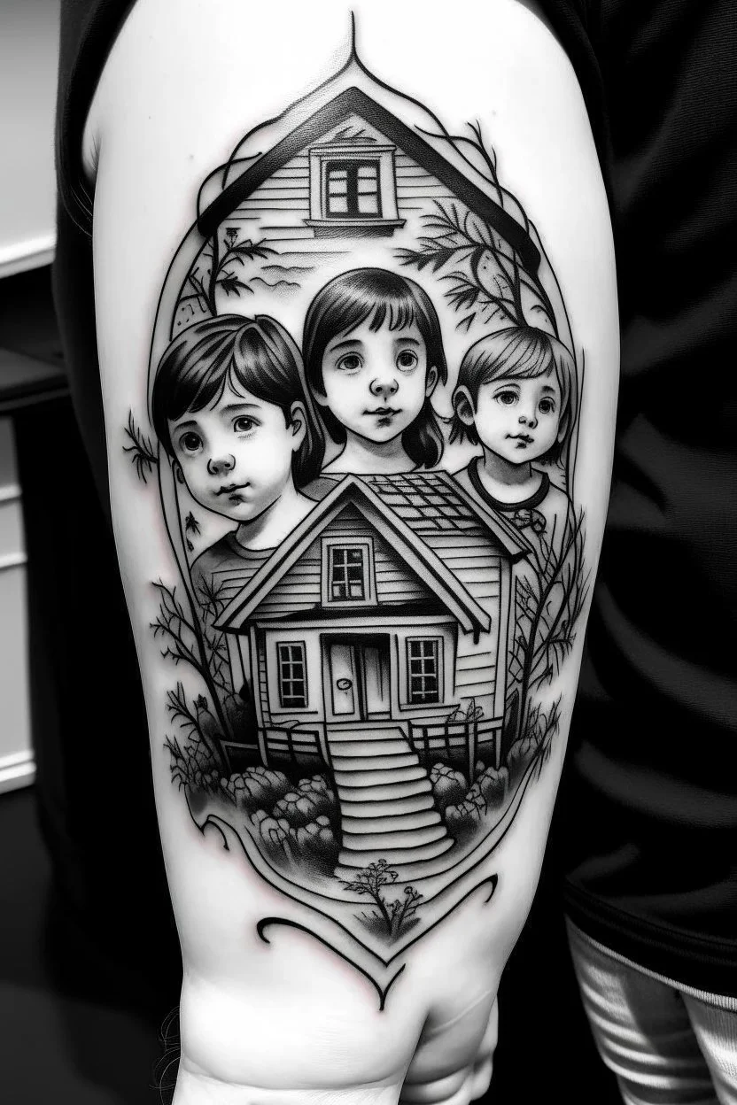 A black and white tattoo of three children in a house