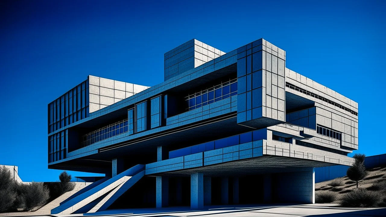 Imagen o ilustración de arquitectura brutalista de un(a) teatro y centro de artes escénicas, con una geometría caracterizada por volúmenes cúbicos interconectados por puentes. La superficie del edificio presenta concreto con acabado grabado al ácido. La escena está ambientada con una iluminación de cielo despejado azul profundo con contraste extremo, situada en un entorno de entorno de viñedos en terrazas con cantina brutalista. En el encuadre se aprecian detalles como muros curvados de guia de