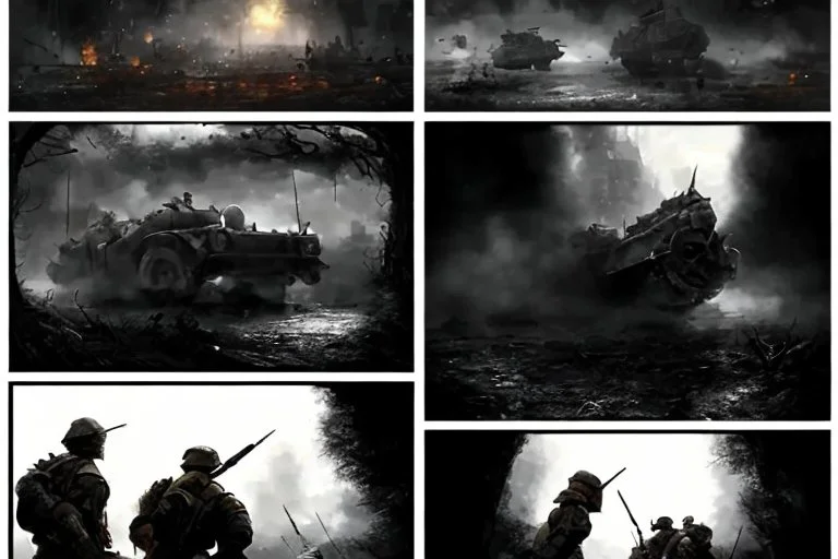 Masterpiece1:5)(Fineart), (award-winning:1.5), highest quality, (ultra realism:1.5) war journalism(,(by Tim Page and Hoorst Faas:1.5))(photorealistic:1.8), (Eastern Ukraine:(panel one:the moment after a battle ends, horrors of war, wounded men),(2nd panel, cinematic shot of men sitting in trench with 1000 yard stare (focus on their eyes:1.5)),(the third panel shows troops tired but hyper alert), (the fourth panel shows the sky is filled with incessant, fire and smoke,)