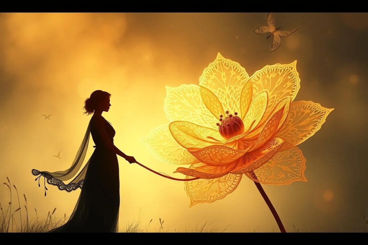 A panoramic mixed-media digital painting in a 3:1 format, filled with warmth and atmosphere. A silhouetted woman stands gracefully on the left, holding a large glowing lace flower made of delicate cream and