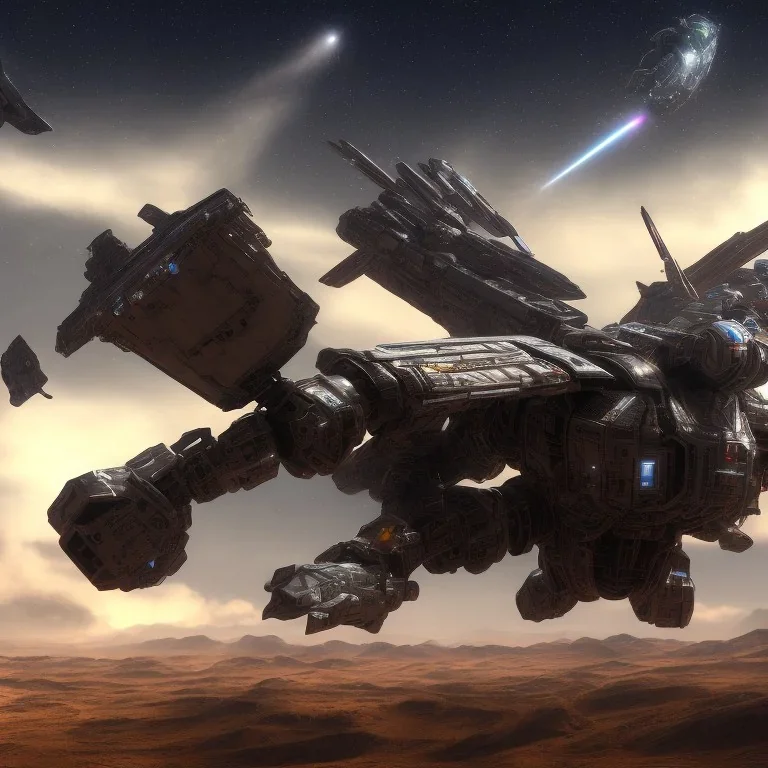 Armored Core machine robot fight another Armored Core fly in the sky in the desert with beside the ocean where you can see the space in the sky with twilight on the horizon, 4k resolution