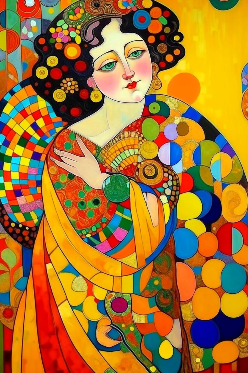 Woman 9n style of Gustav Klimt. Rich, lovely colors, cubism style