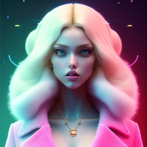 blonde busty woman, purpurin, minimal latex dress, oversize velvet coat, gradient color, BLUE, PINK, CYAN, neon, insanely detailed, 16k resolution, perfect eyes, cinematic smooth, intricate detail, in the style of Kaare Andrews