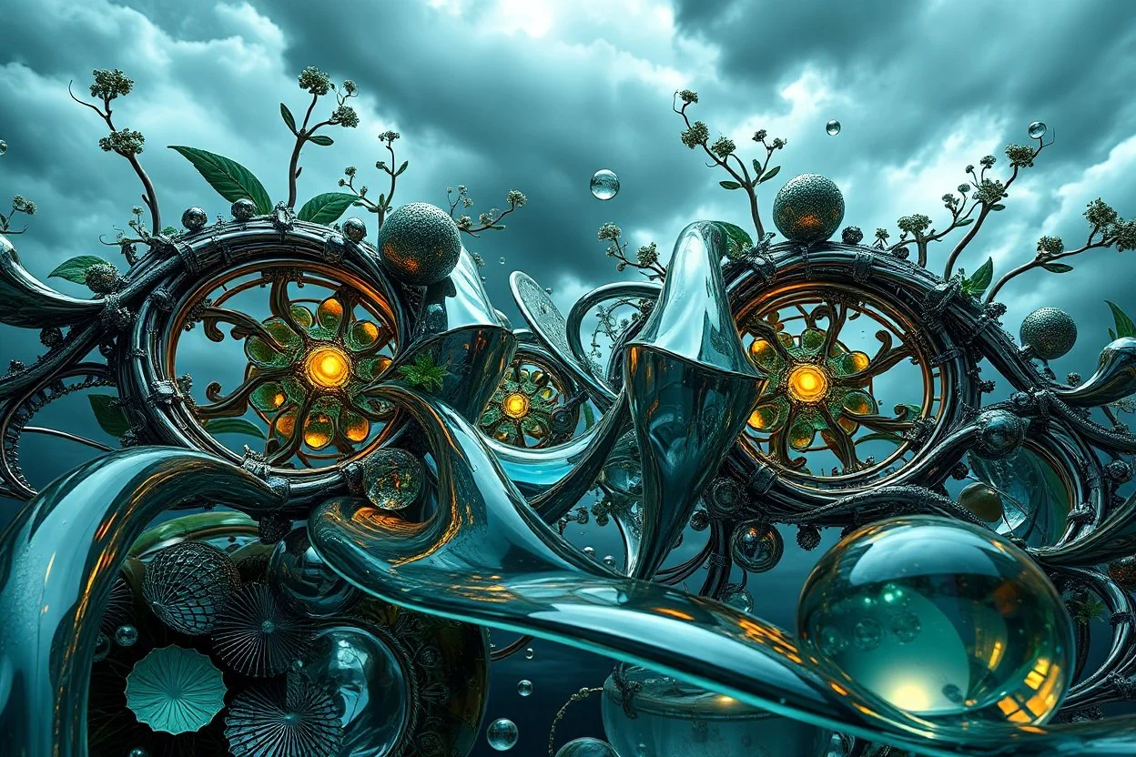 Dynamic complex hypnotic fractal 3D structures Symmetry twisting and morphing between plants and metal geometric forms , smooth translucent iridescent glass with inner glow and bubbles, varied transparent materials, stormy skies, intense dramatic