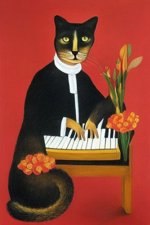 cat playing piano in style of frida kahlo painting