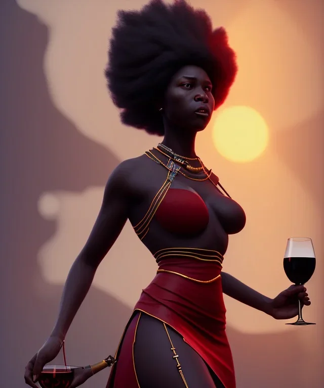 Negra Francisca, beautiful, curvy body, African slave, simple red fabric dress, long black hair, red headband, head and shoulders portrait, holding glass of wine, 8k resolution concept art portrait by Greg Rutkowski, Unreal Engine 5 volumetric lighting