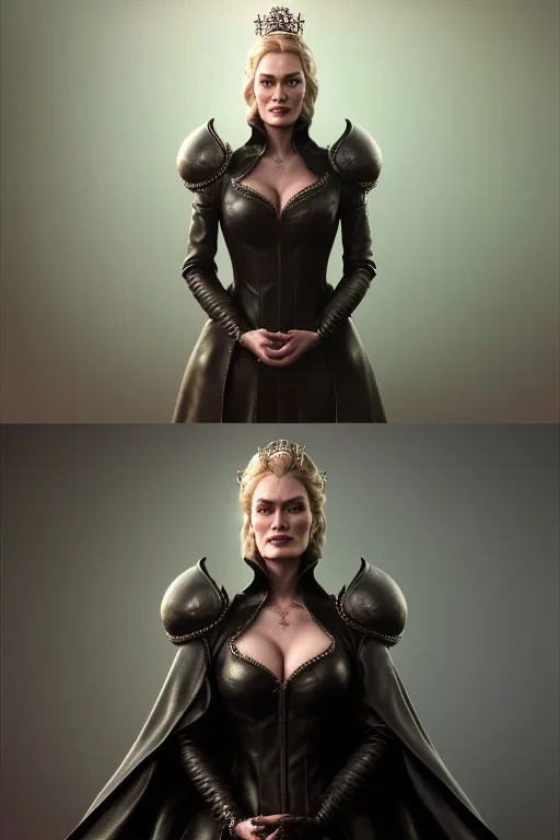 Cersei Lannister as evil queen in black leather coat, busty, cleavage, voluptuous, lena headay, angry, stern look. character design by cory loftis, fenghua zhong, ryohei hase, ismail inceoglu and ruan jia. unreal engine 5, artistic lighting, highly detailed, photorealistic, fantasy